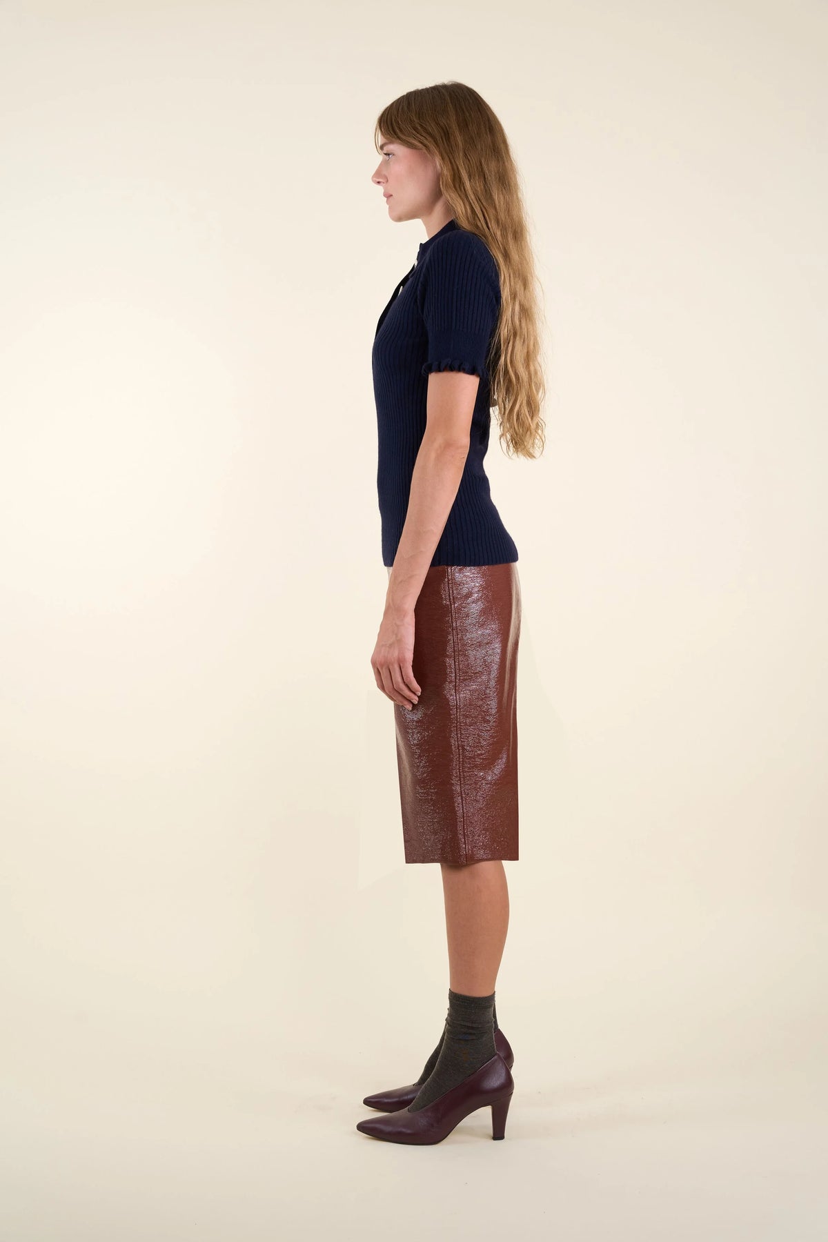 The Pencil Skirt in Reddish Brown Vinyl, view 3
