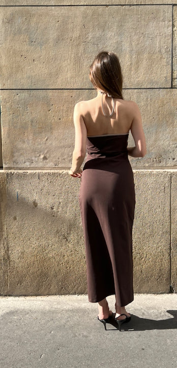 The Long Backless Dress in Brown & Beige, view 6