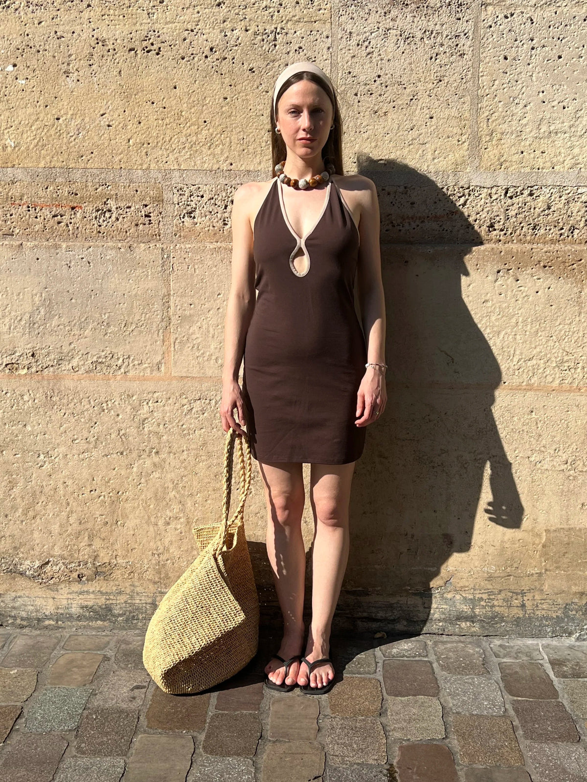 The Short Backless Dress in Brown & Beige, view 3